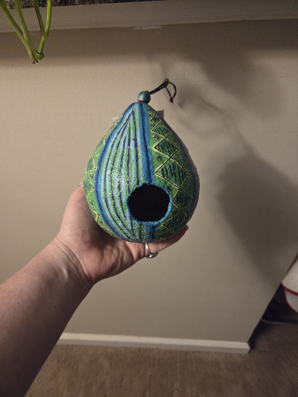 Hand-Painted Green & Blue Bird Nest House Decorative Hanging Birdhouse